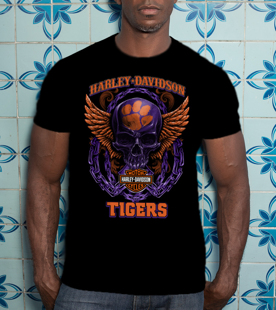 Harley Davidson Tigers Skull With Clemson Paw Logo And Wings T-Shirt