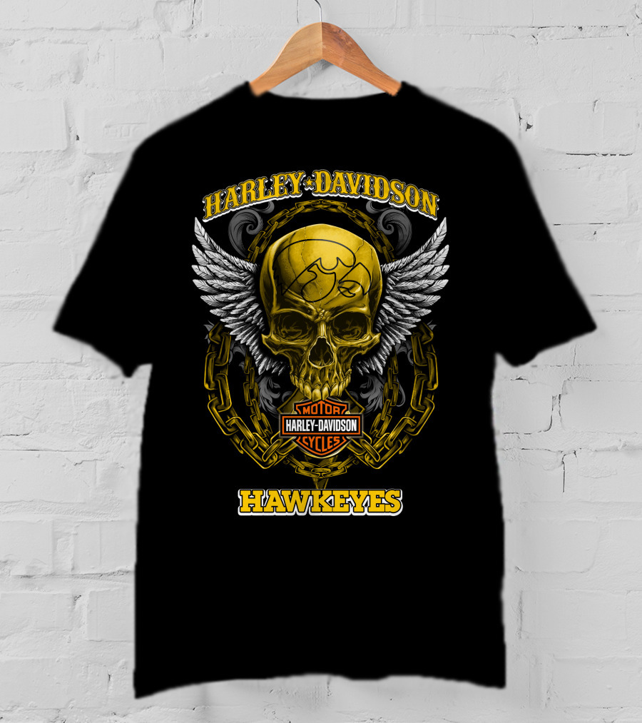 Harley Davidson Motor Cycles Skull Hawkeyes Iowa T-Shirt