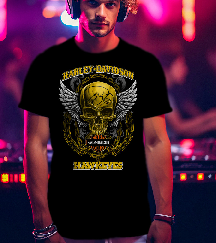 Harley Davidson Motor Cycles Skull Hawkeyes Iowa T-Shirt