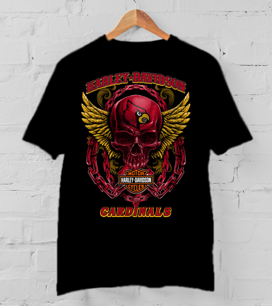 Harley Davidson Motor Cycles Cardinals Skull With Wings And Chains T-Shirt