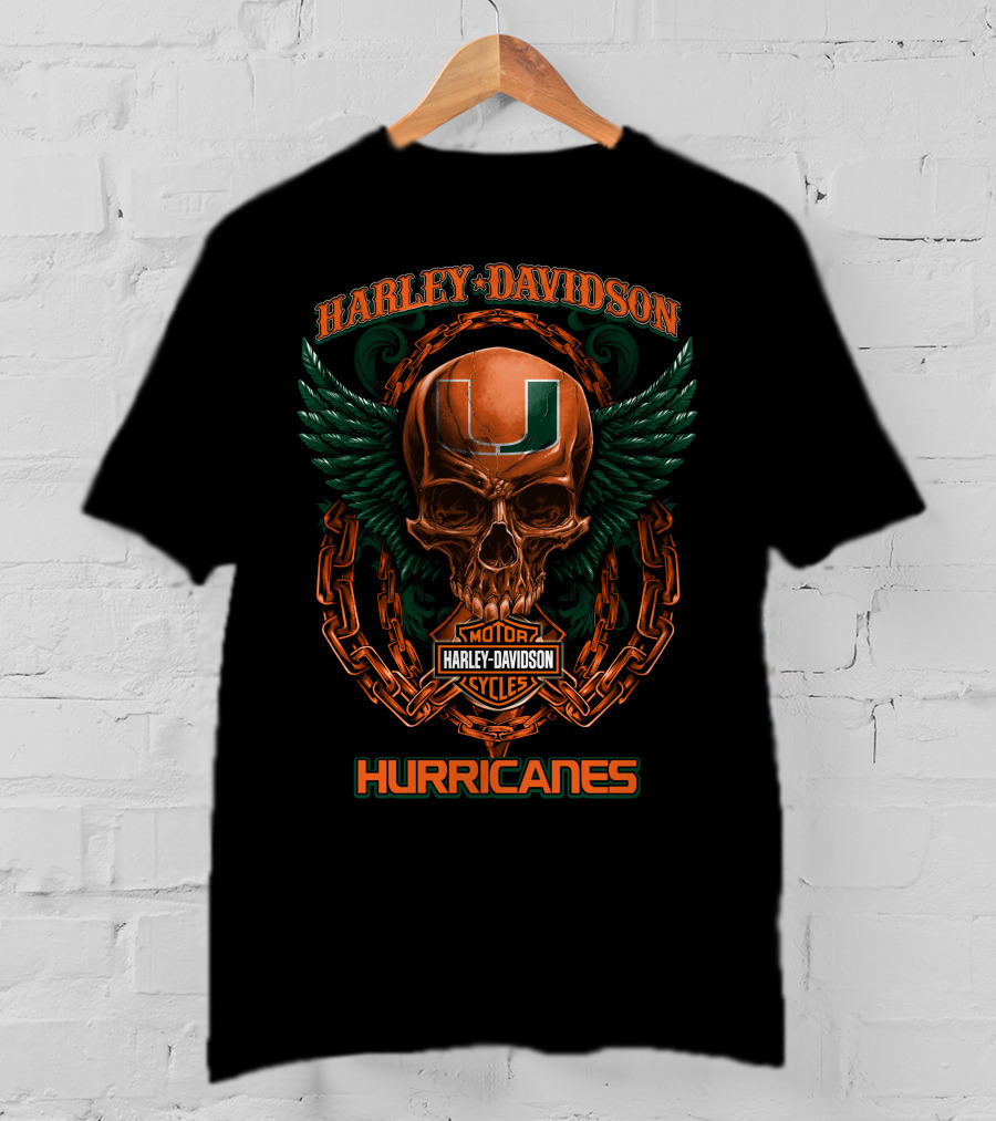 Harley Davidson Miami Hurricanes Skull Logo Chains Winged T-Shirt