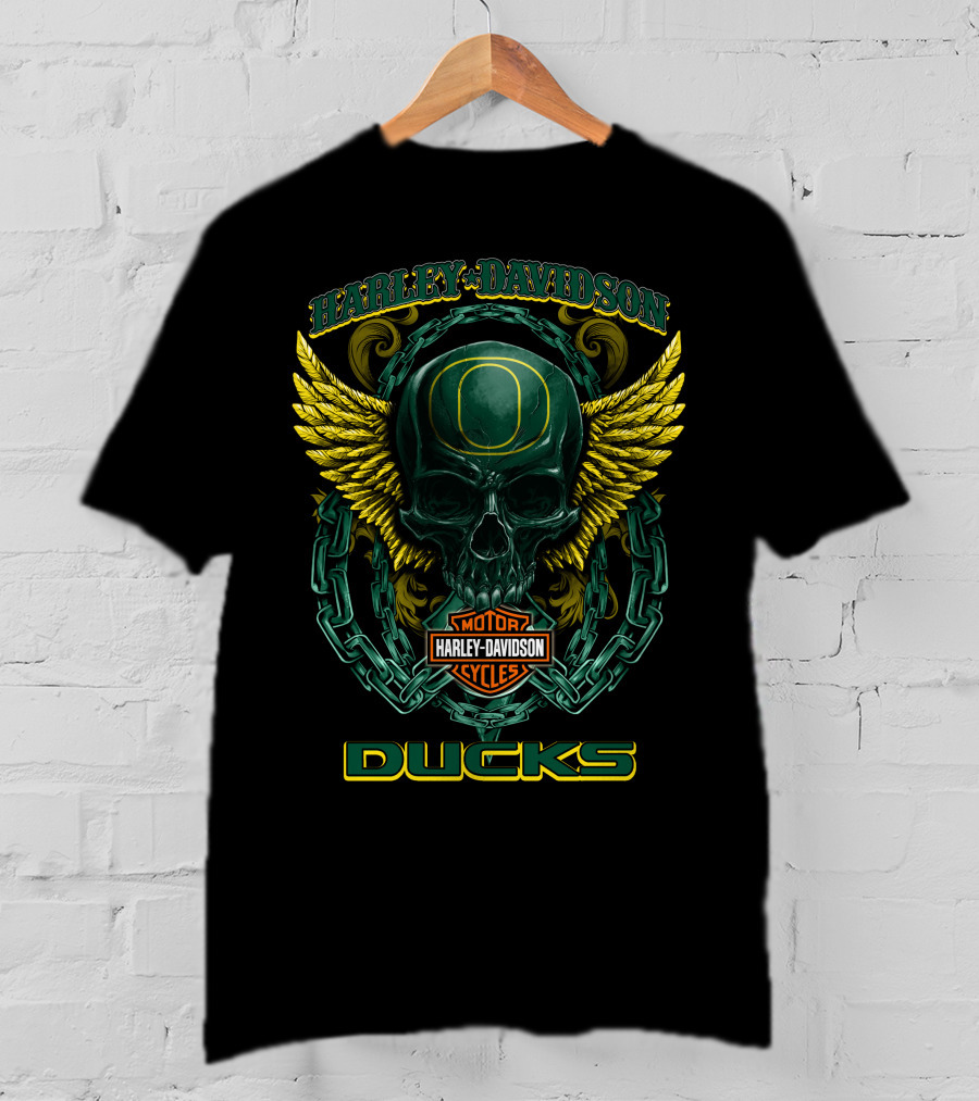 Harley Davidson Motorcycles Oregon Ducks Skull Wing T-Shirt