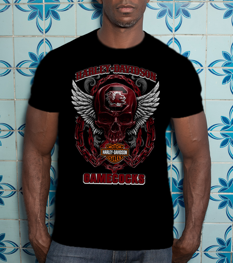 Harley Davidson South Carolina Gamecocks Motorcycles Skull Wings Chains T-Shirt