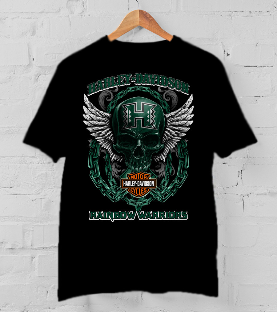 Harley Davidson Motor Cycles Hawaii Rainbow Warriors Skull Wings Chain T-Shirt
