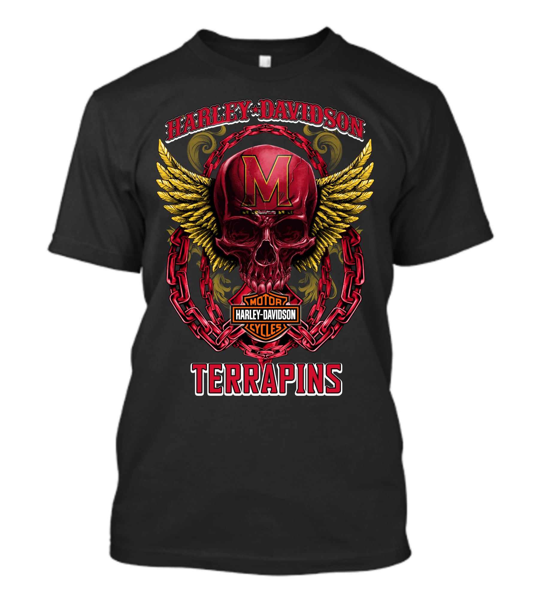 Harley Davidson Motorcycles Maryland Terrapins Skull Wings Chains T-Shirt