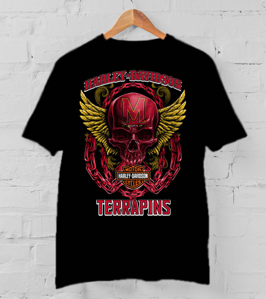 Harley Davidson Motorcycles Maryland Terrapins Skull Wings Chains T-Shirt