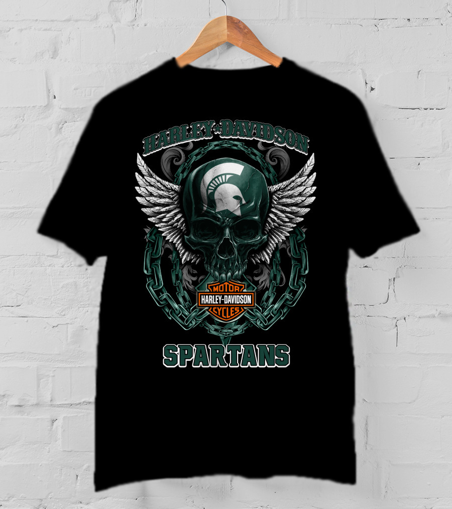 Harley Davidson Michigan State Spartans Skull Wings Motorcycles T-Shirt