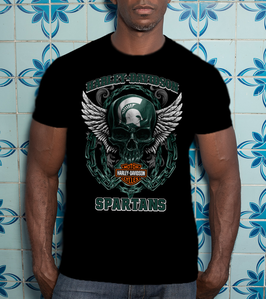 Harley Davidson Michigan State Spartans Skull Wings Motorcycles T-Shirt