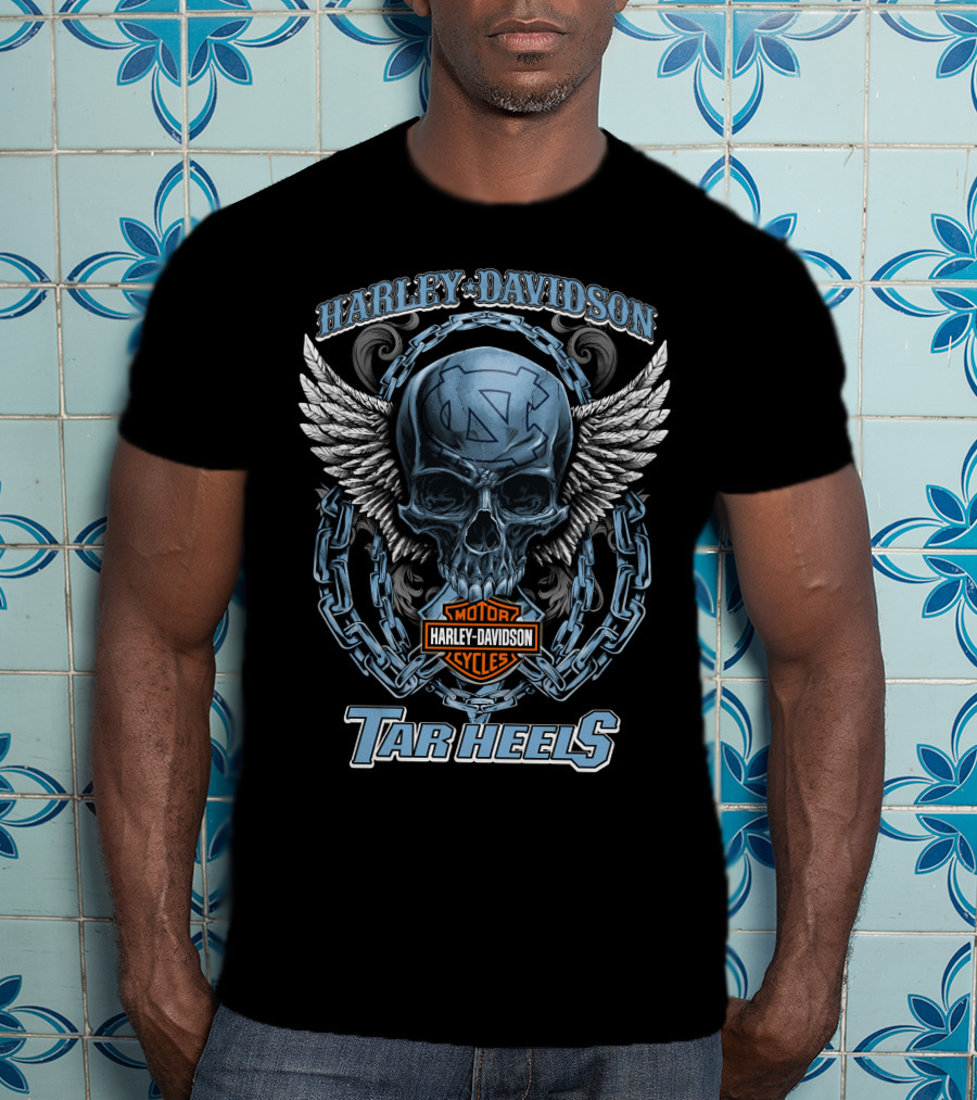 Harley Davidson North Carolina Tar Heels Motor Cycles Skull Wings T-Shirt