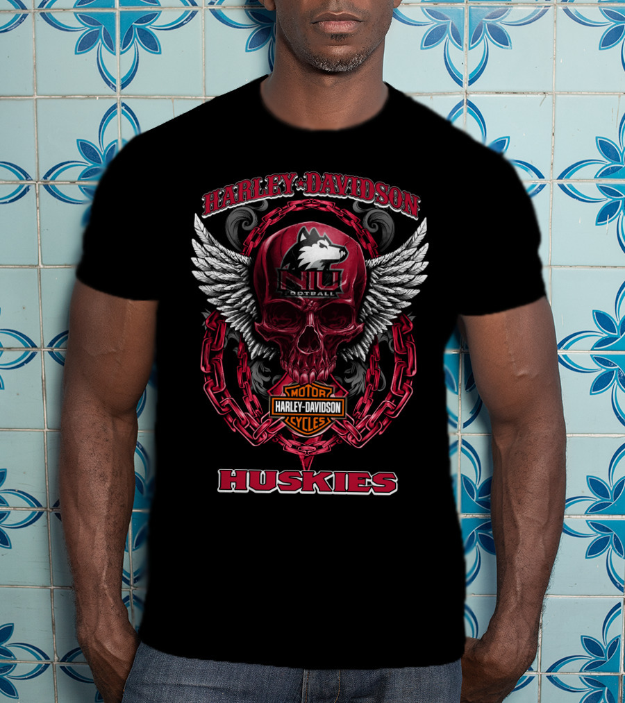 Harley Davidson Motorcycles Niu Football Huskies Skull T-Shirt