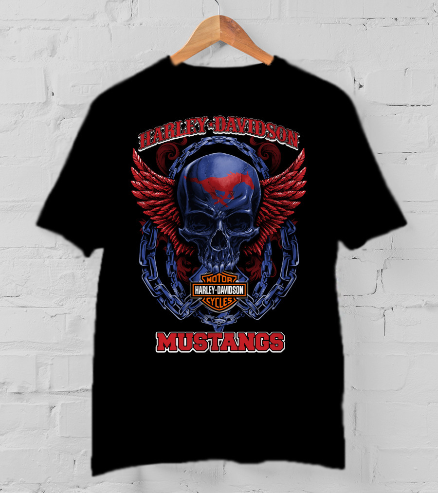 Harley Davidson Motor Cycles Mustangs Skull Wings Chains T-Shirt