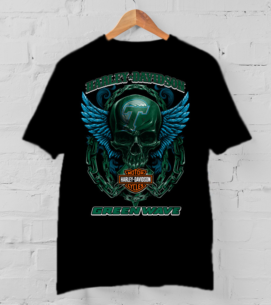 Harley Davidson Motor Cycles Green Wave Skull With Wings And Chains T-Shirt