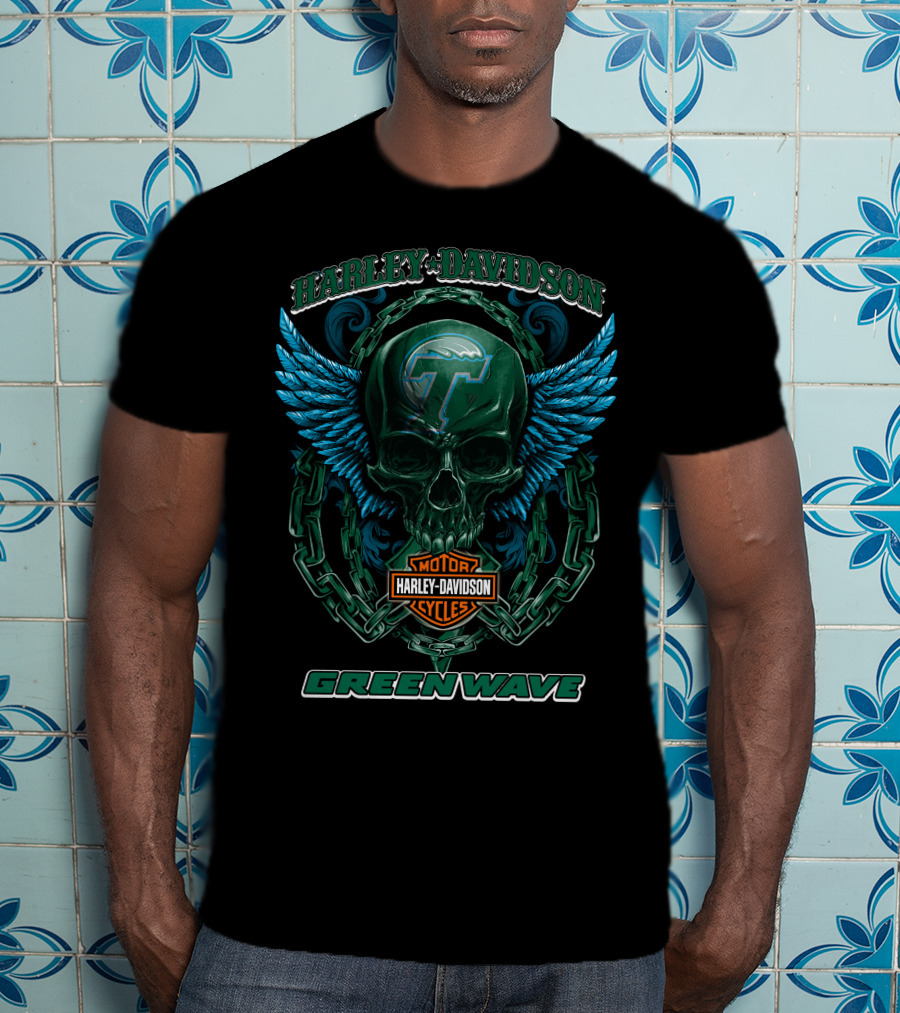 Harley Davidson Motor Cycles Green Wave Skull With Wings And Chains T-Shirt