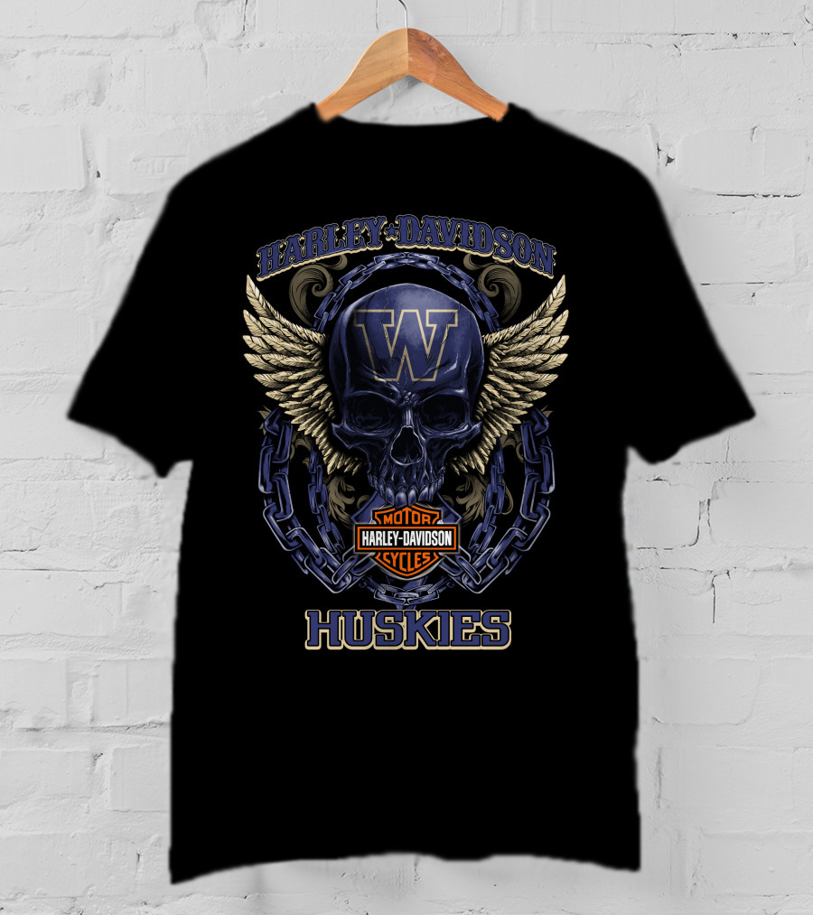 Harley Davidson Motor Cycles Washington Huskies Skull Wings Chain T-Shirt