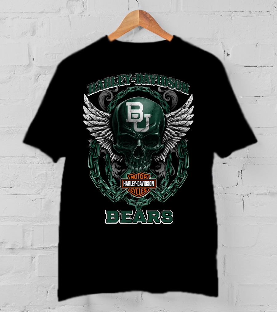 Baylor Bears Harley Davidson Bu Skull Wings Motorcycles T-Shirt