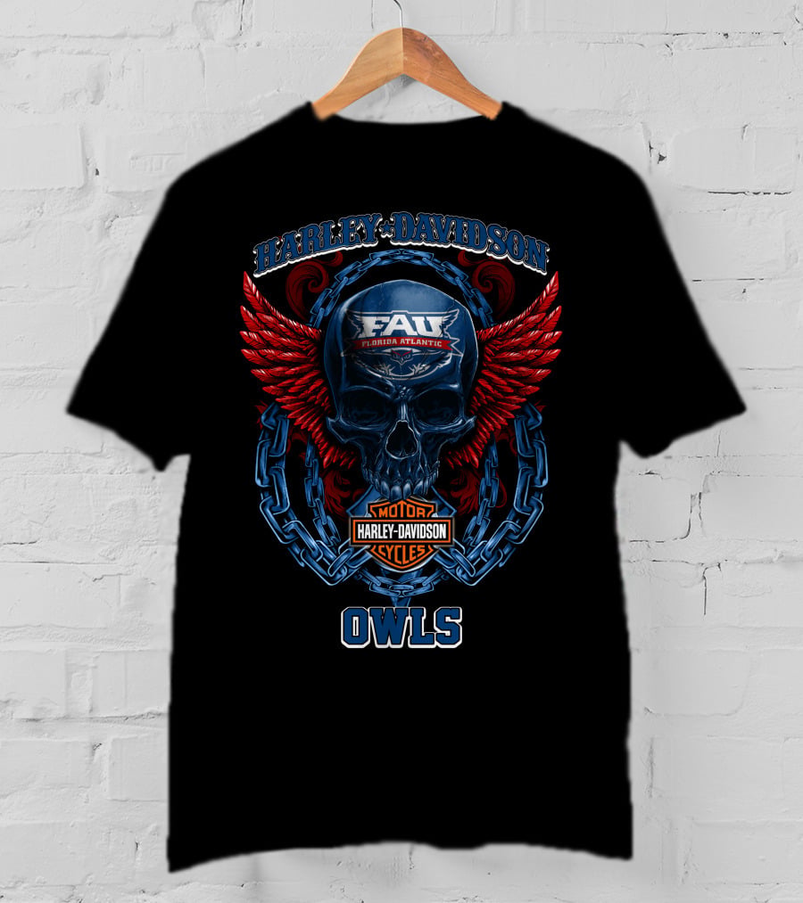 Harley Davidson Florida Atlantic Fau Owls Skull And Wings T-Shirt