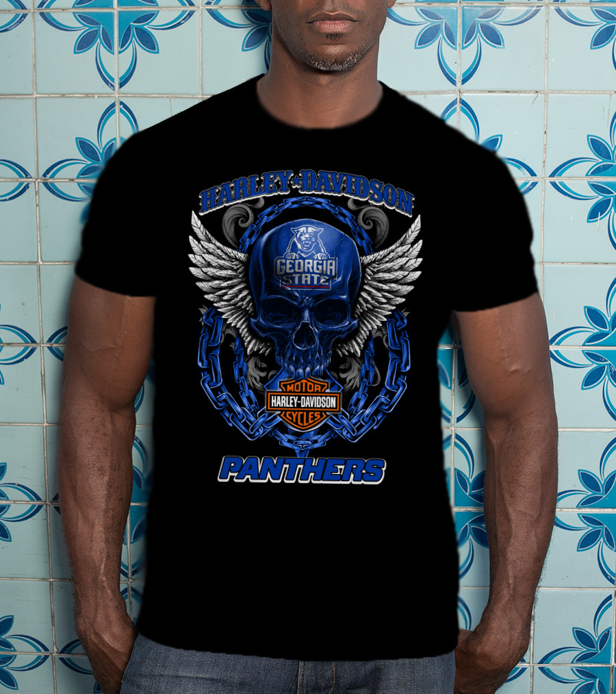 Harley Davidson Georgia State Panthers Motorcycles Skull Wings T-Shirt