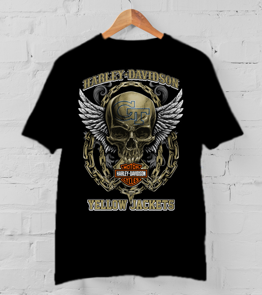 Harley Davidson Georgia Tech Gt Yellow Jackets Skull Wings Chains T-Shirt