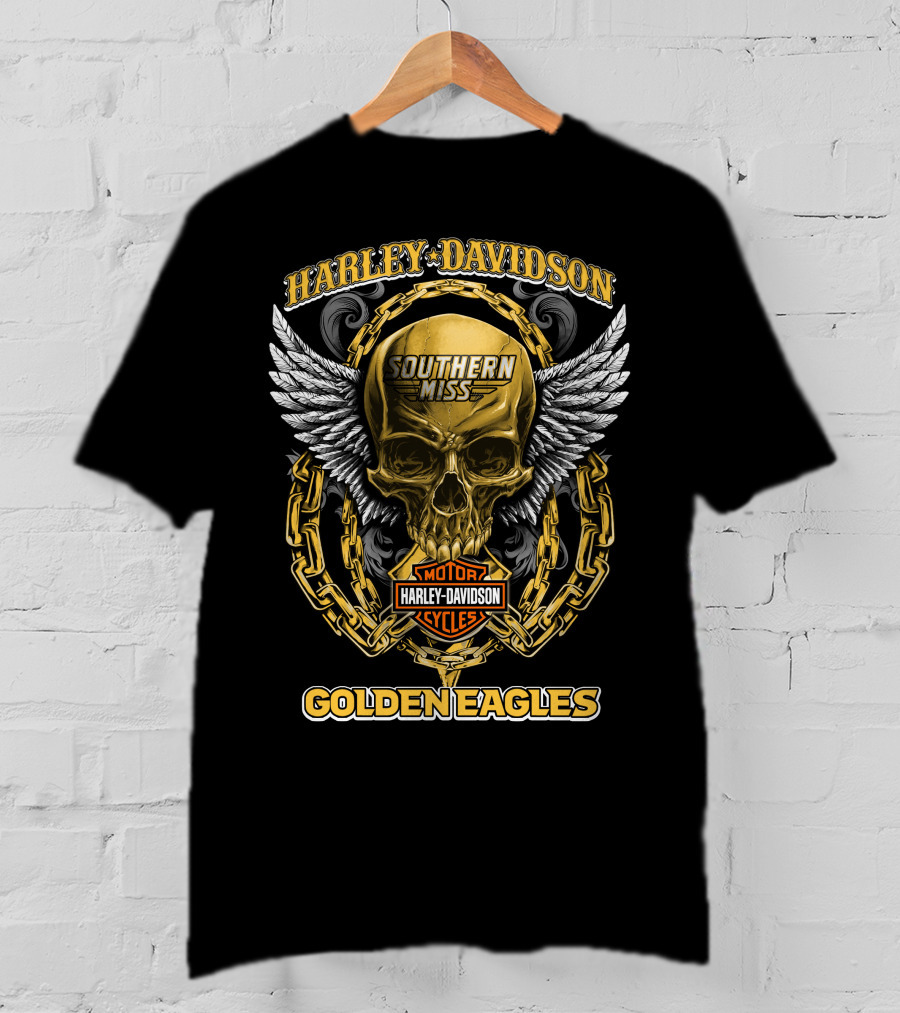Harley Davidson Southern Miss Golden Eagles Motor Cycles Skull Wings Chains T-Shirt