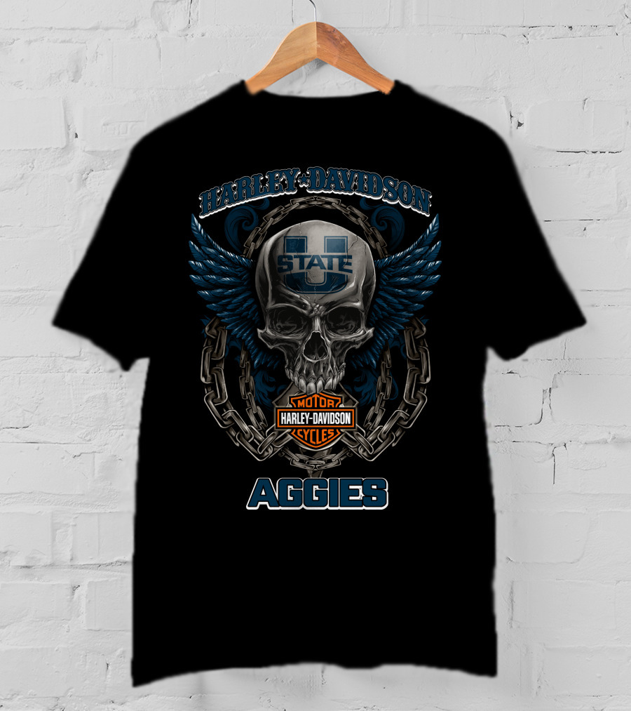 Harley Davidson Utah State Aggies Football Skull With Wings And Chains T-Shirt