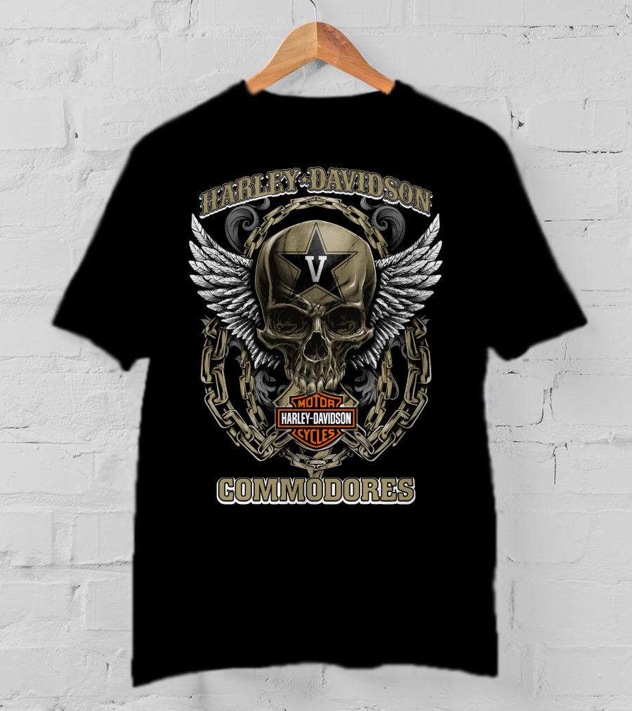 Harley Davidson Motor Cycles Vanderbilt Commodores Skull Wings Chain T-Shirt