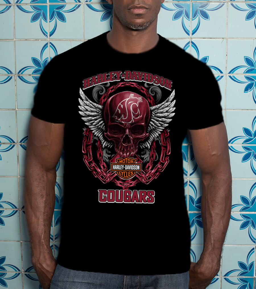 Harley Davidson Cougars Skull Wings Logo Washington State Football T-Shirt