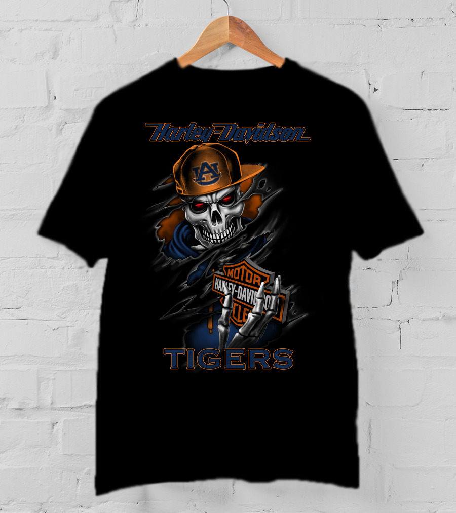 Harley Davidson Auburn Tigers Skull With Cap And Motorcycle T-Shirt