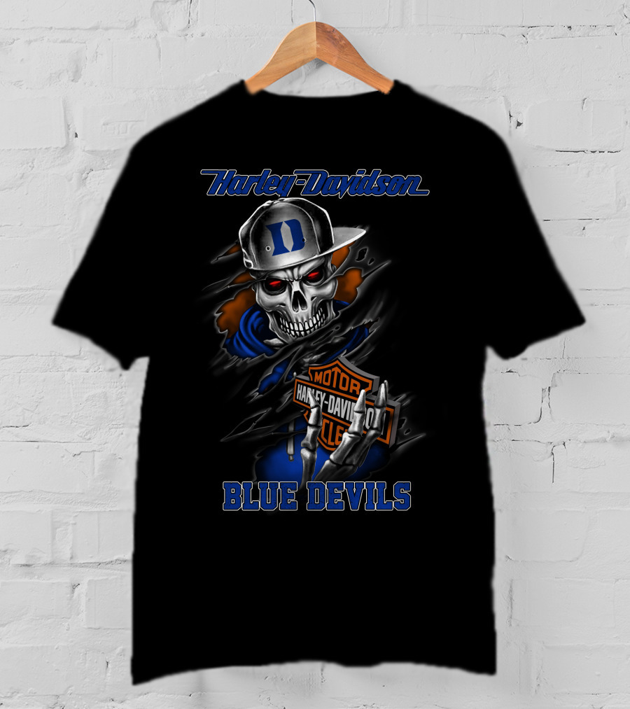 Harley Davidson Blue Devils Skull With Duke Logo And Motorcycle Motif T-Shirt