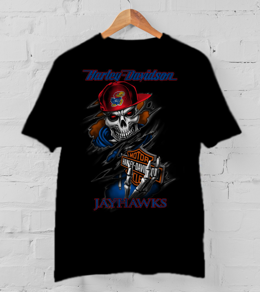 Harley Davidson Kansas Jayhawks Skeleton With Motor Harley Davidson Cycle T-Shirt