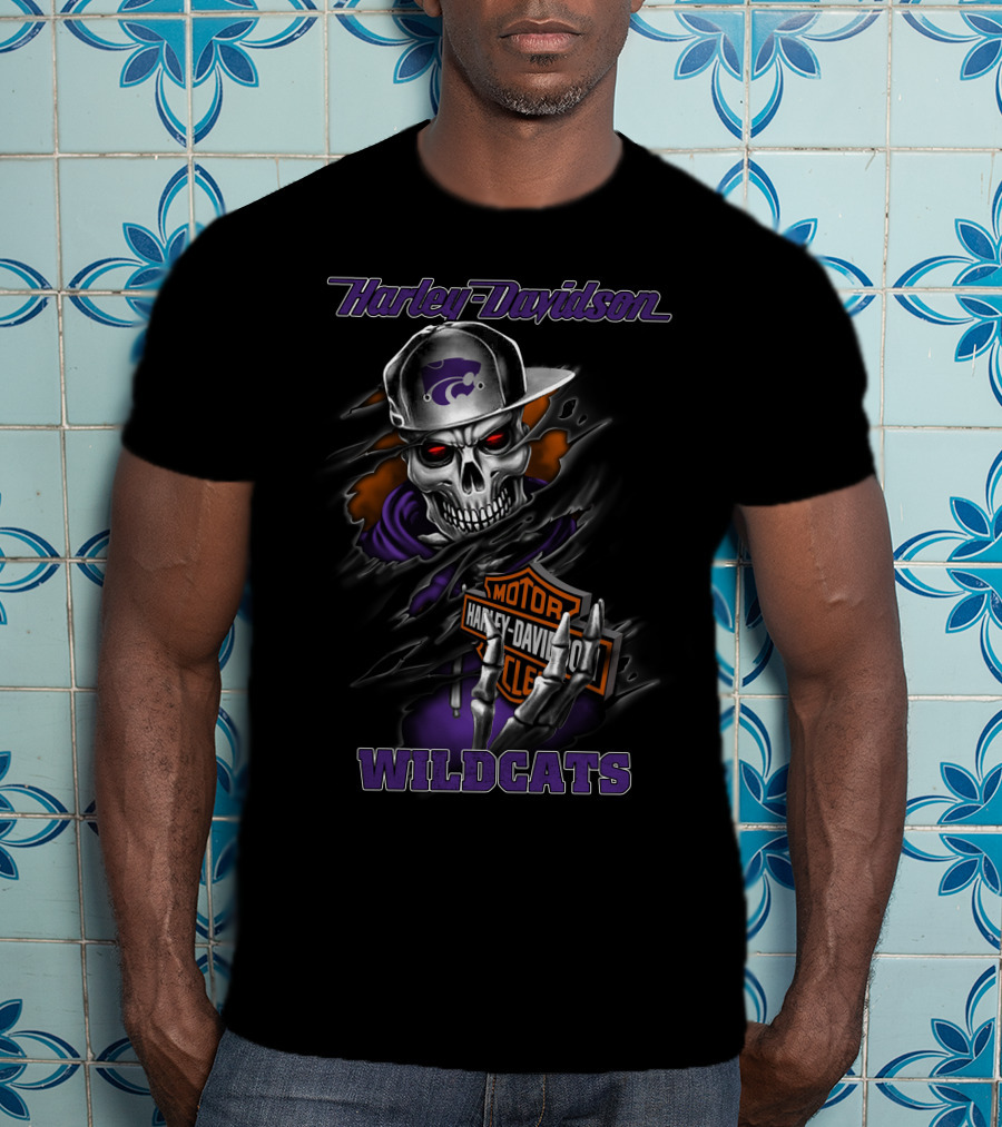 Harley Davidson Wildcats Kansas State Skull Theme T-Shirt
