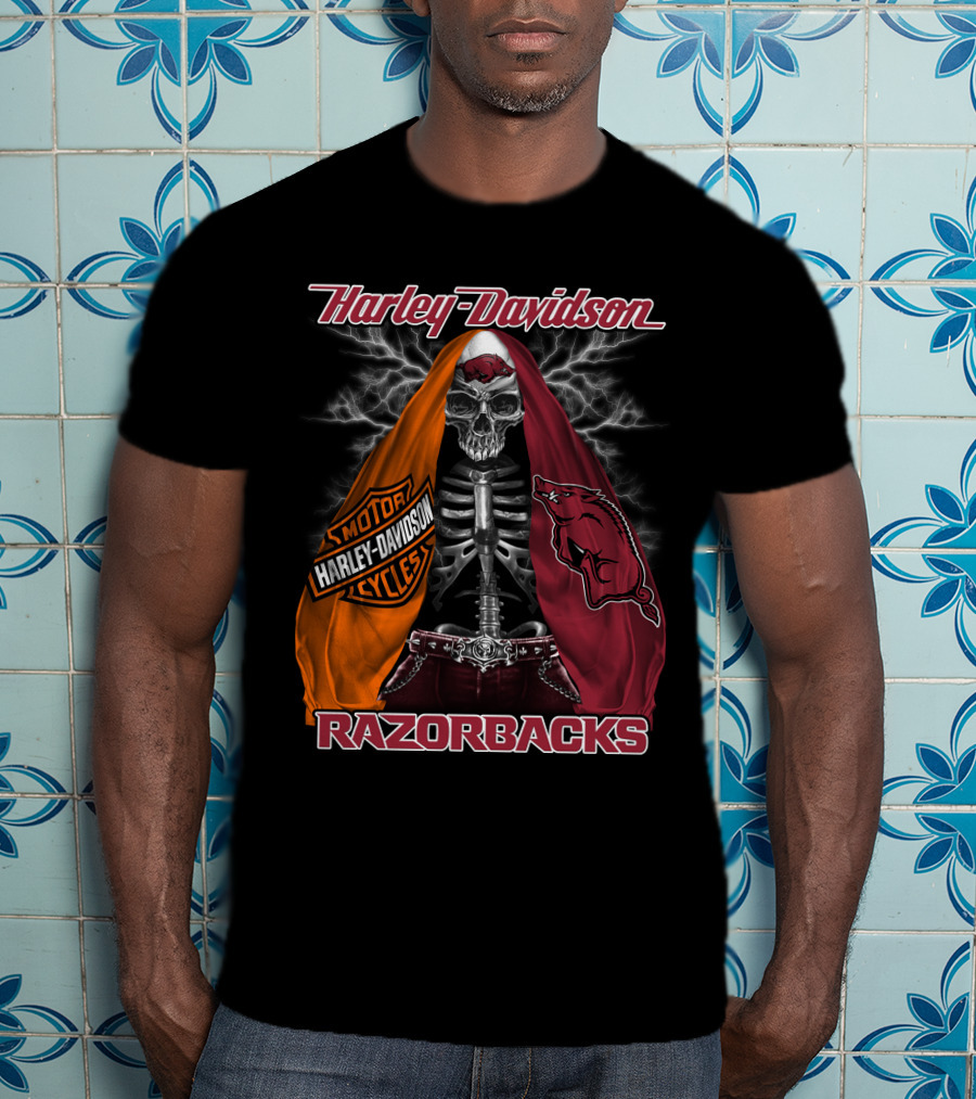 Harley Davidson Razorbacks Motorcycle Skeleton Lightning T-Shirt