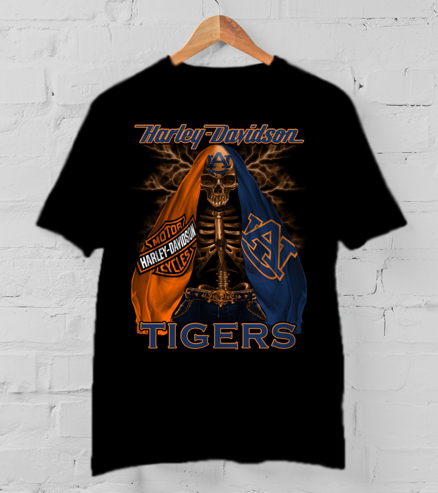 Harley Davidson Auburn Tigers Skeleton Dual Flag T-Shirt