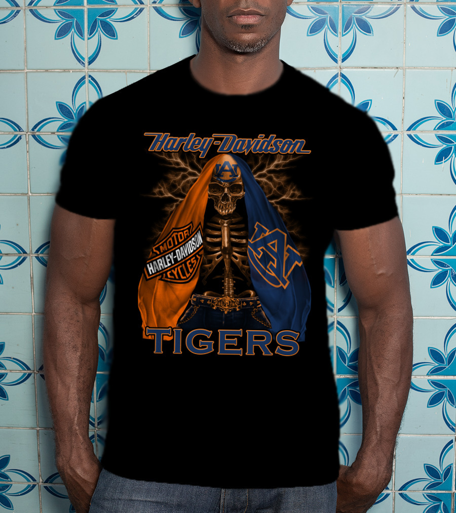 Harley Davidson Auburn Tigers Skeleton Dual Flag T-Shirt