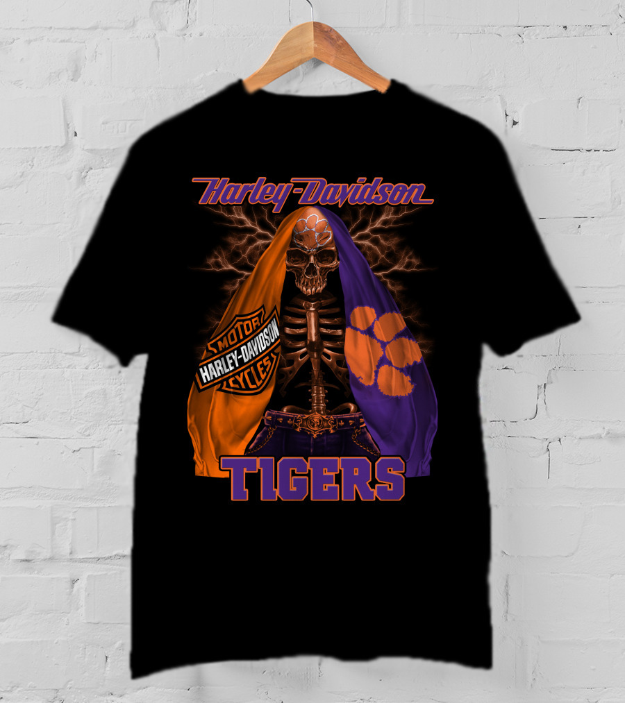 Harley Davidson Motorcycles Clemson Tigers Skull And Lightning T-Shirt