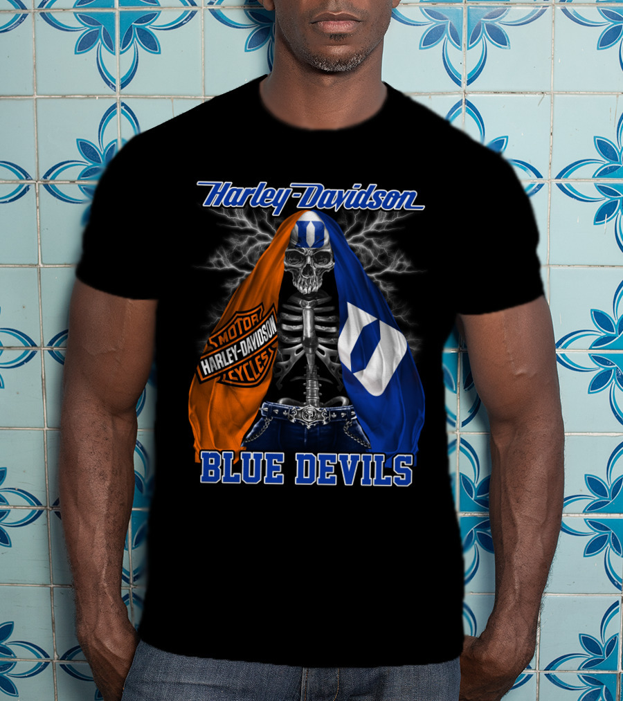 Harley Davidson Blue Devils Skeleton With Motor Cycles And Iconic Scarf T-Shirt