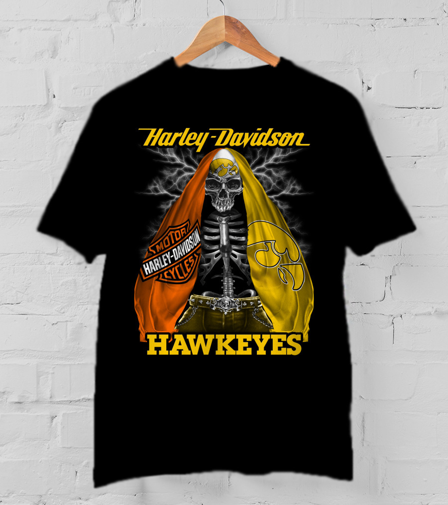 Harley Davidson Iowa Hawkeyes Skull Skeleton With Orange Yellow Flags And Hawkeyes T-Shirt