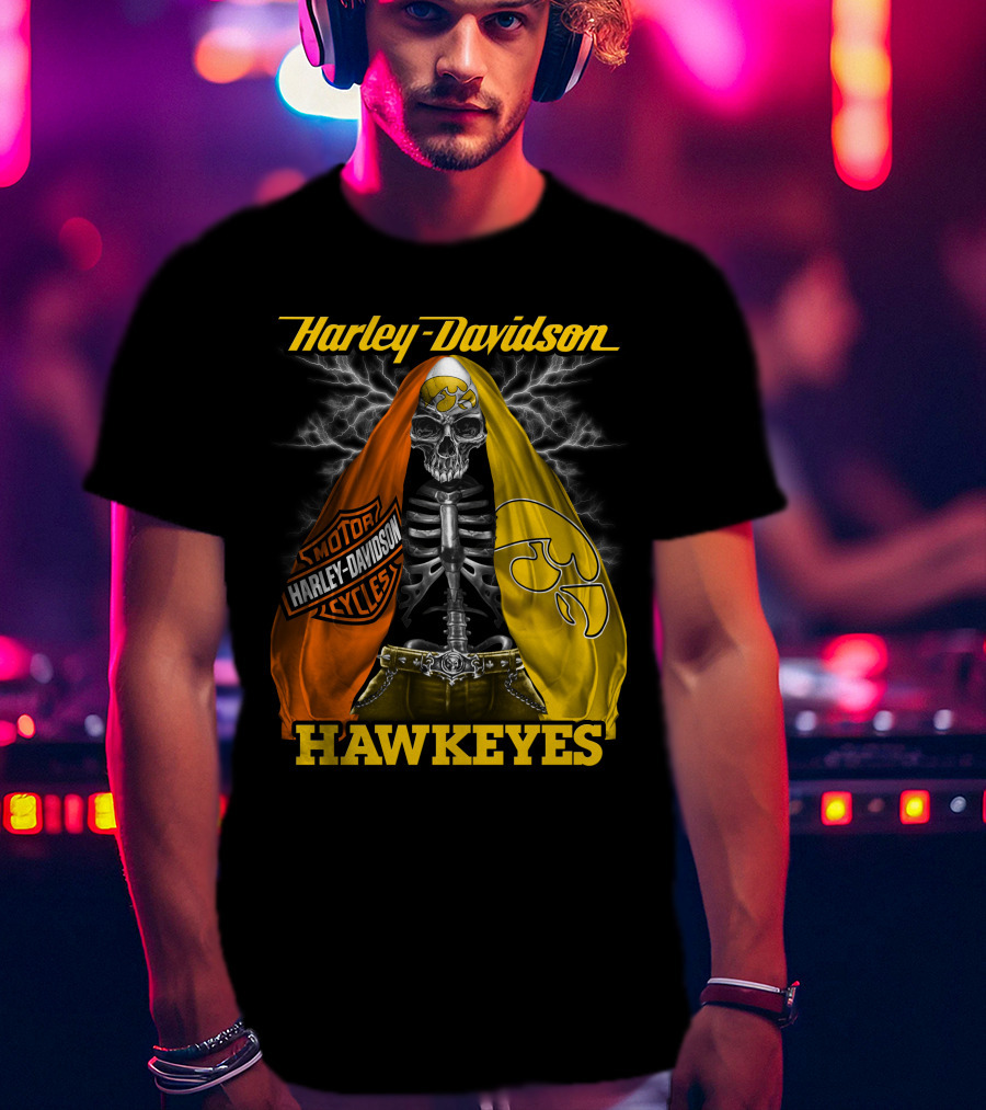 Harley Davidson Iowa Hawkeyes Skull Skeleton With Orange Yellow Flags And Hawkeyes T-Shirt