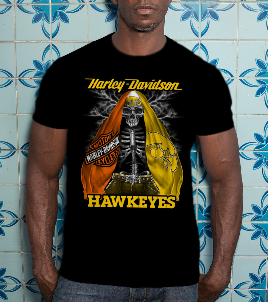 Harley Davidson Iowa Hawkeyes Skull Skeleton With Orange Yellow Flags And Hawkeyes T-Shirt