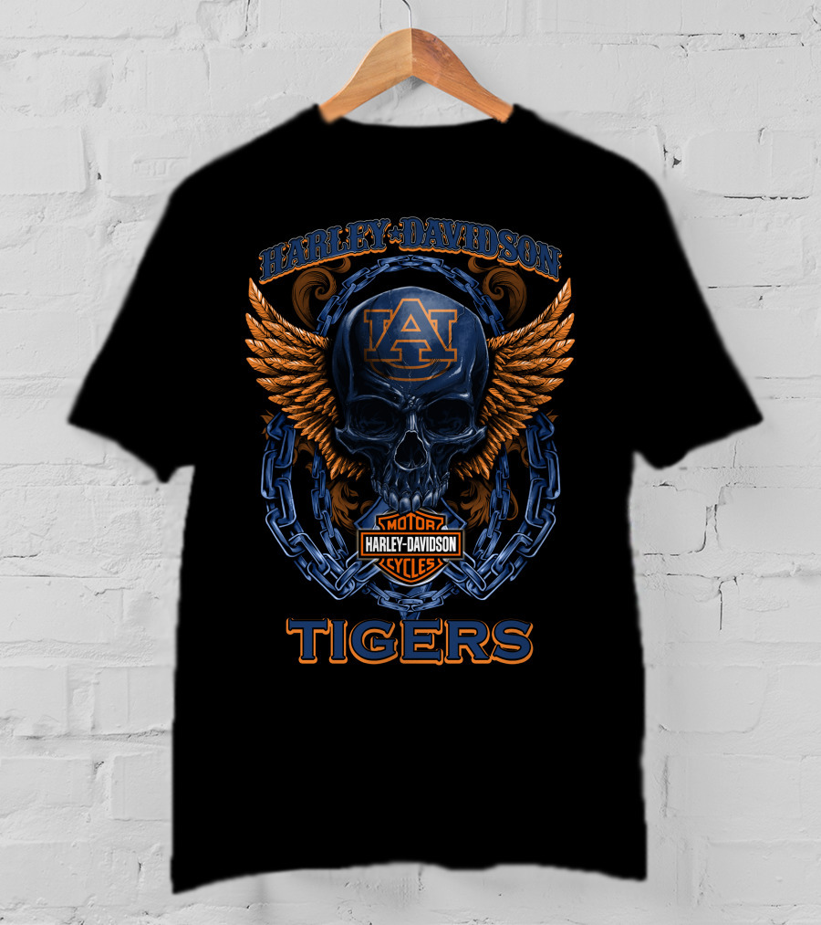 Harley Davidson Auburn Tigers Skull Wings Motor Cycles T-Shirt