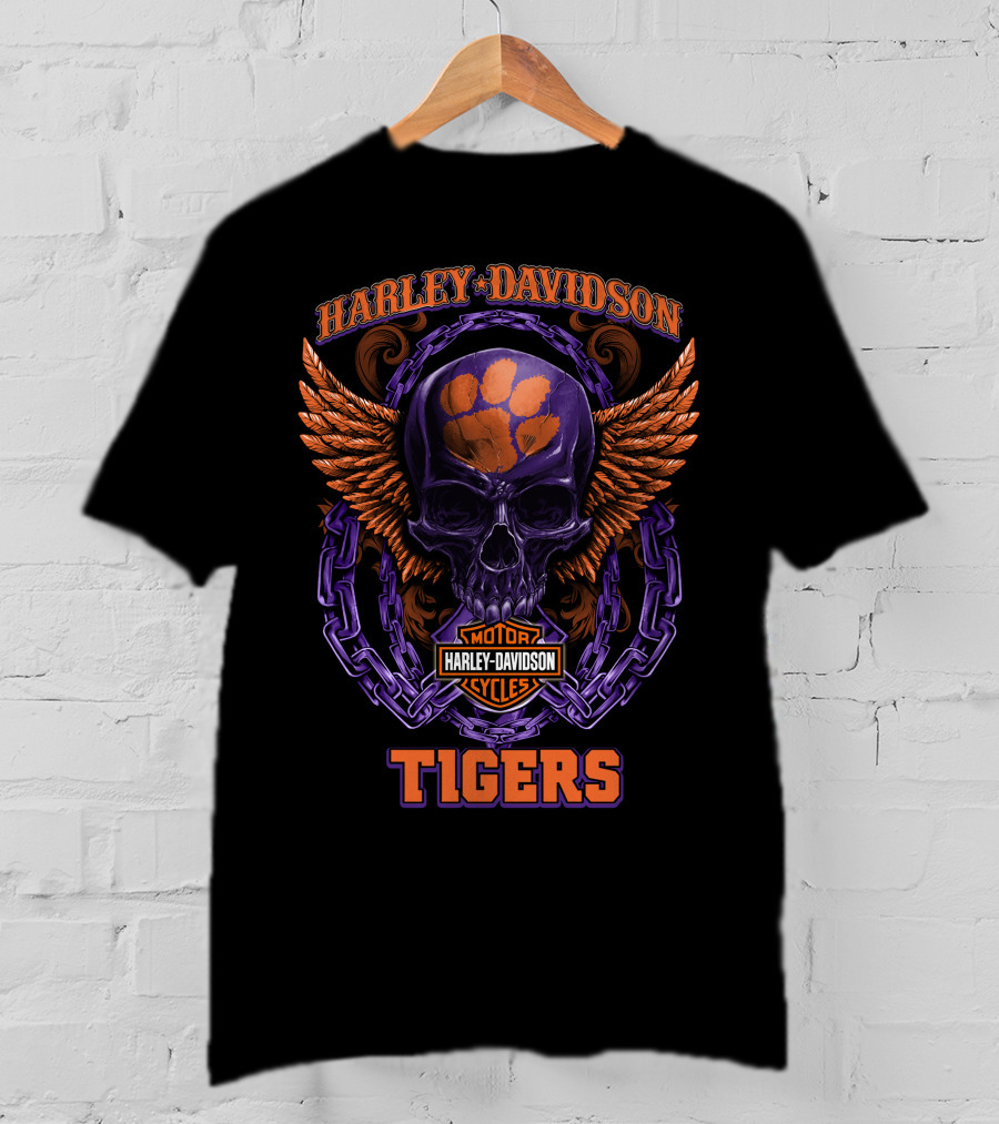 Harley Davidson Motor Cycles Tigers Skull Logo Clemson T-Shirt