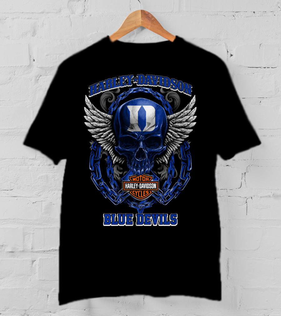Harley Davidson Blue Devils Duke Skull Wings Chain T-Shirt