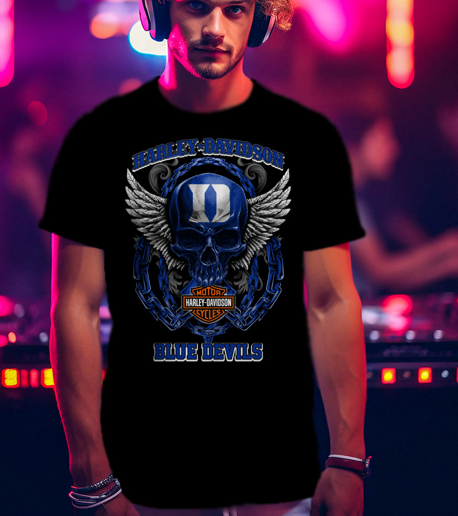 Harley Davidson Blue Devils Duke Skull Wings Chain T-Shirt