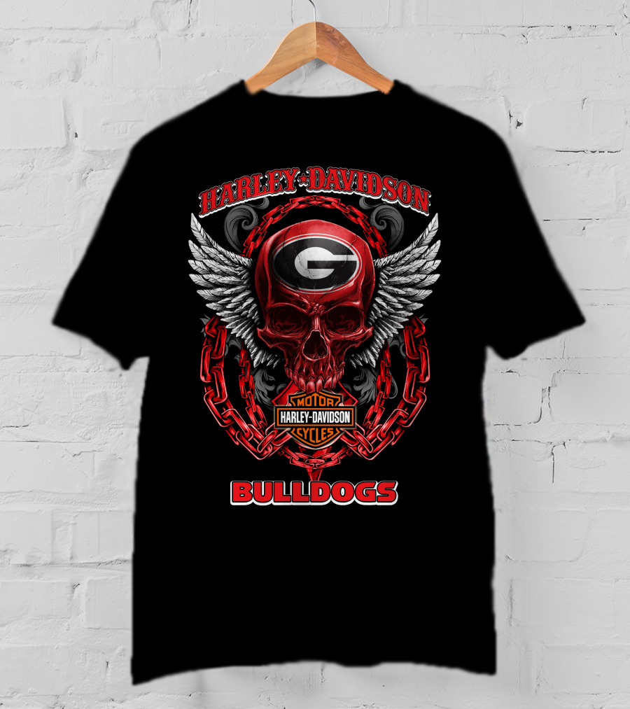 Harley Davidson Georgia Bulldogs Skull With Wings And Chains T-Shirt