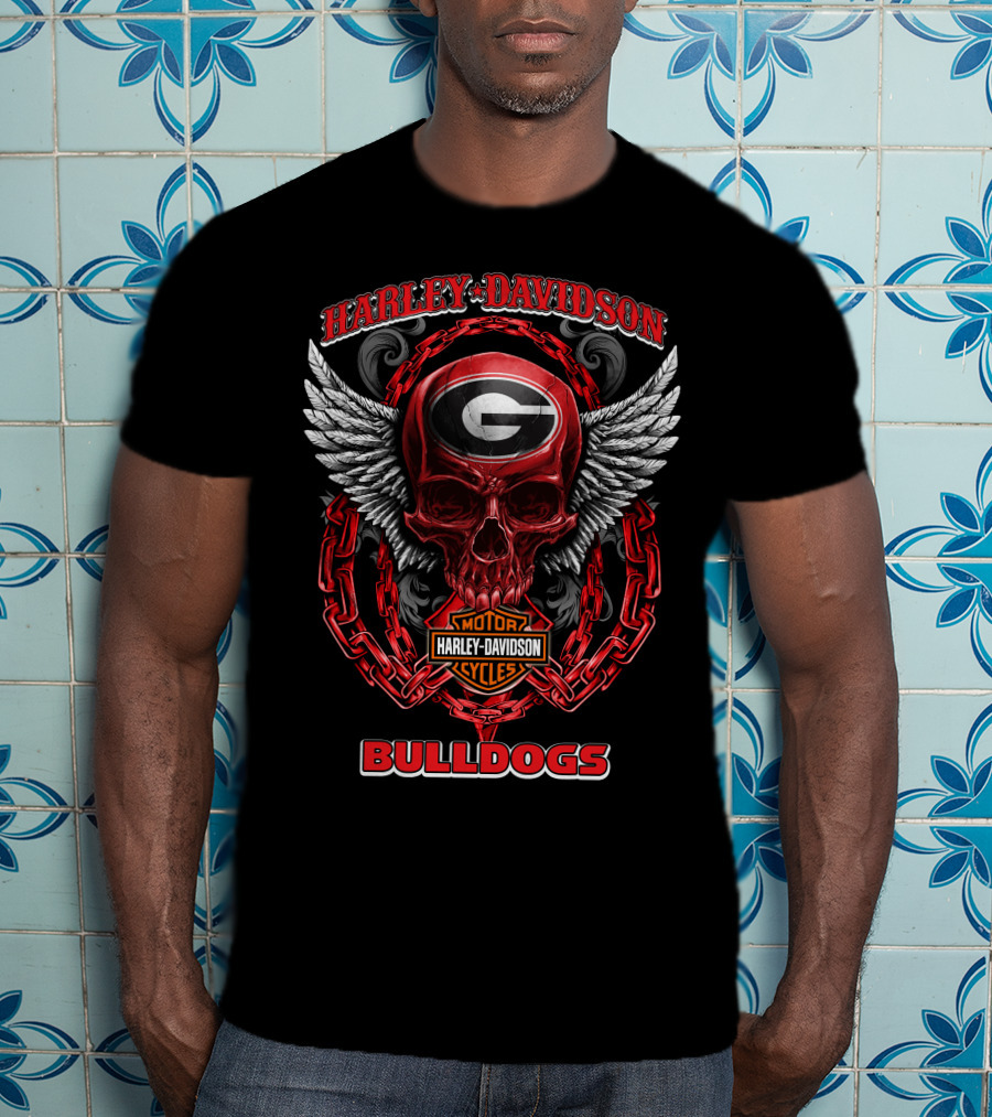 Harley Davidson Georgia Bulldogs Skull With Wings And Chains T-Shirt