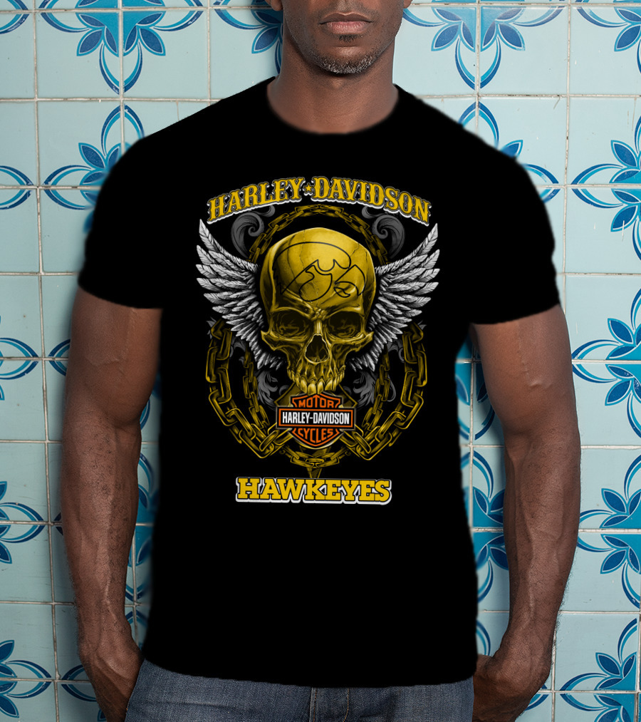 Harley Davidson Motor Cycles Hawkeyes Skull Wings T-Shirt