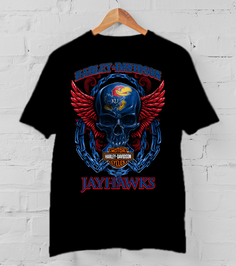 Harley Davidson Ku Jayhawks Skull Wings And Chains T-Shirt