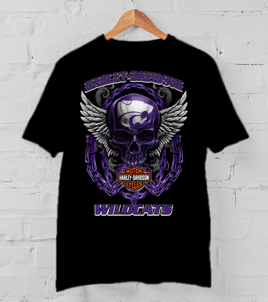 Harley Davidson Wildcats Kansas State Motorcycles Skull Wings T-Shirt