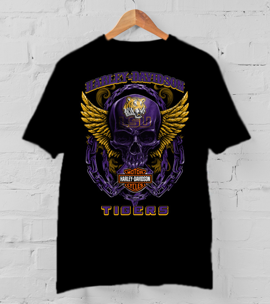 Harley Davidson Motor Cycles Lsu Tigers Skull And Wings T-Shirt