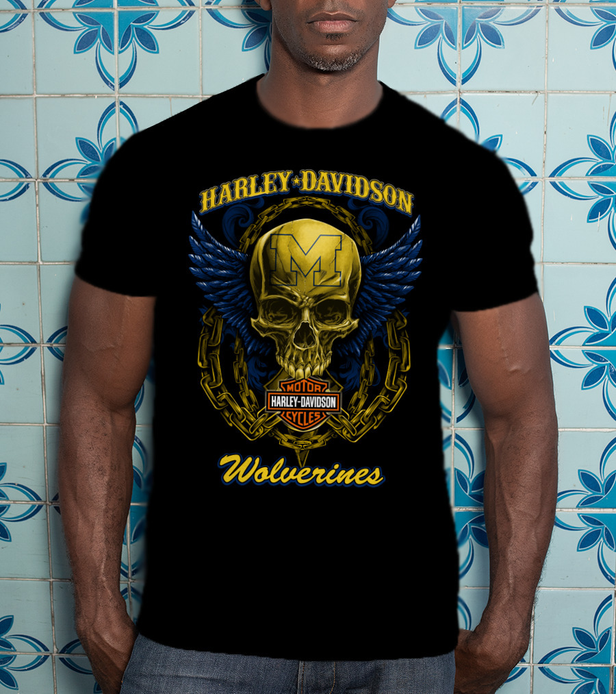 Harley Davidson Michigan Wolverines Skull Logo With Chain And Wings T-Shirt
