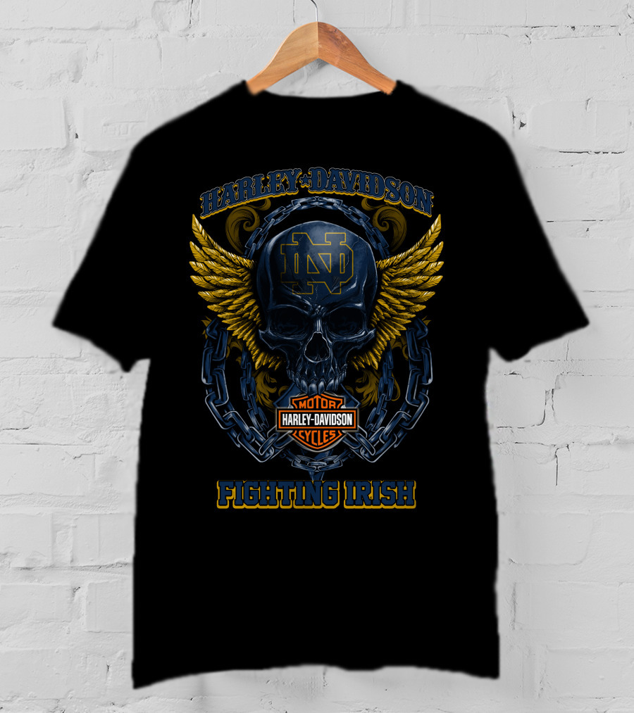 Harley Davidson Motorcycle Notre Dame Fighting Irish Skull Wings T-Shirt